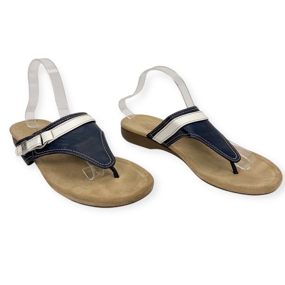 St. John Bay Zandora Blue Nautical Faux Leather Wedge Tong Sandals 12M Comfort